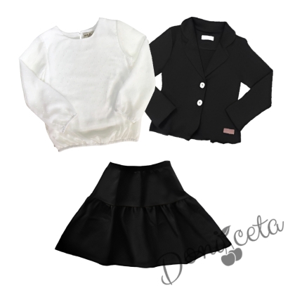 Детски комплект от 3 части - блуза с дълъг ръкав в екрю с аксесоар и пола със сако в черно 7