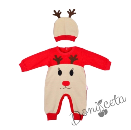 Коледен бебешки комплект от гащеризон  в червено и бежово с елен 1
