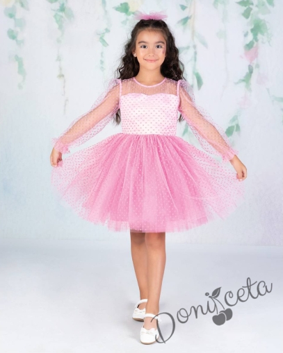 Официална детска рокля с дълъг ръкав от тюл на точки с панделка и фиба за коса в розово 2