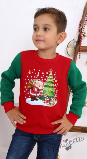 Коледна ватирана блуза за момче  с Дядо Коледа и пингвини в червено и зелено 1