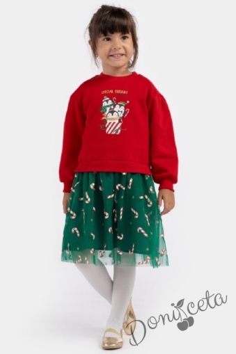 Коледна бебешка/детска рокля в червено с пингтвинчета и мека тюл пола в зелено с близалки 1