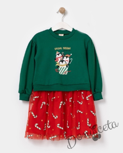 Коледна бебешка/детска рокля в зелено с пингтвинчета и мека тюл пола в червено с близалки 1