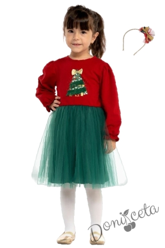 Коледна бебешка/детска рокля в червено с елха с пайети и мека тюл пола в зелено и коледна диадема 1