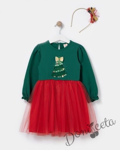 Коледна бебешка/детска рокля в зелено с елха с пайети и мека тюл пола в червено и коледна диадема 1