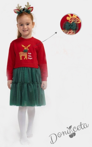 Коледна бебешка/детска рокля в червено еленче в златисто тюл пола в зелено с харбала и коледна диадема 1