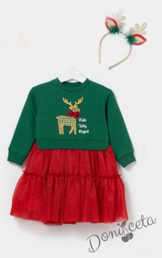 Коледна бебешка/детска рокля в зелено еленче в златисто тюл пола в червено с харбала и коледна диадема 1
