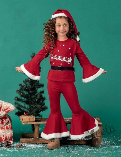 Коледен комплект за момиче в червено с ефектни ръкави и панталони с аксесоар шапка 1