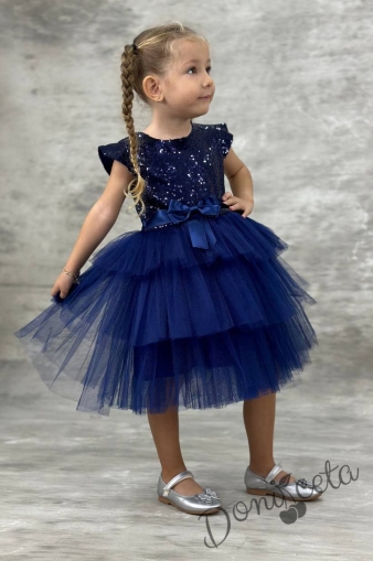 Детска официална рокля Ханна в тъмносиньо от пайети и тюл на 3 пласта 1