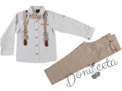 Комплект за момче в бежово - риза в бяло с орнаменти и тиранти 6516580011 1