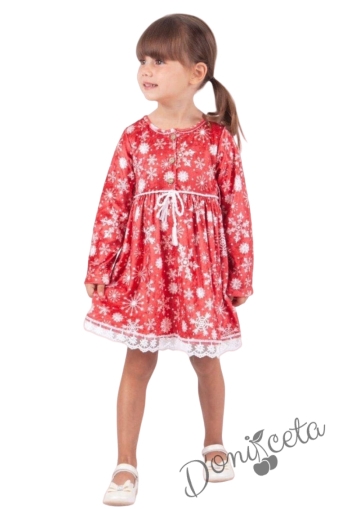 Бебешка/детска коледна рокля в червено с бели снежинки и дантела 1
