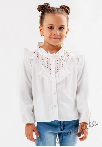 Детска риза за момиче с дълъг ръкав в бяло с къдрици и дантела 43541059 1