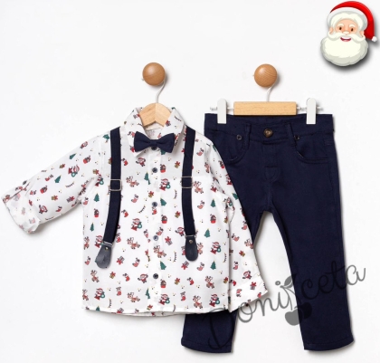 Коледен комплект за момче от риза в бяло с коледи мотиви и панталони в тъмносиньо с тиранти и папийонка 540054032 1