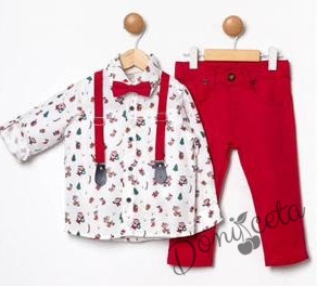 Коледен комплект за момче от риза в бяло с коледни мотиви и панталони в червено с тиранти и папийонка 540054035 1