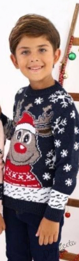 Детски коледен пуловер в тъмносиньо с коледни мотиви и еленче с шапка 998800113 1