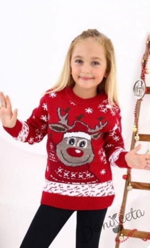 Детски коледен пуловер в червено с коледни мотиви и еленче с шапка 998800112 1