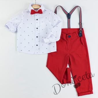 Коледен комплект за момче от риза в бяло с елени и панталони в червено с тиранти и папийонка 1