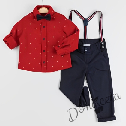 Коледен комплект за момче от риза в червено с елени и панталони в тъмносиньо с тиранти и папийонка 1