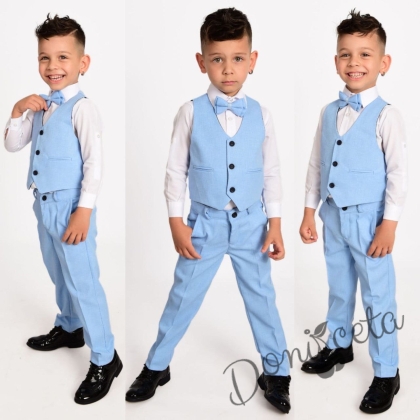 Официален комплект за момче  в светлосиньо от 4 части панталон , елек , риза в бяло, и папийонка 3110025244 1