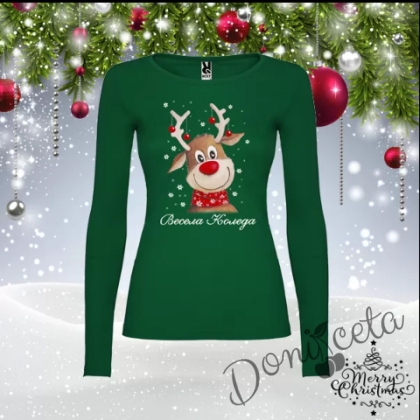Дамска блуза с дълъг ръкав в зелено Весела Коледа с елен 1