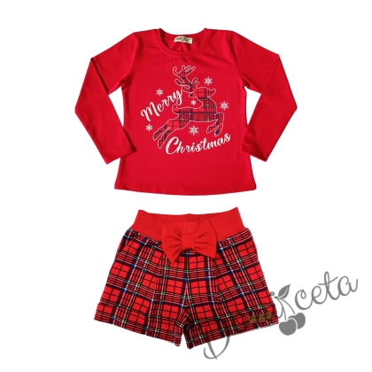 Детски комплект от къси панталонки в червено каре и блуза в червено с еленче 1