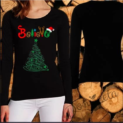 Дамска блуза с дълъг ръкав в черно Believe-Christmas tree 1