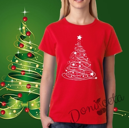 Дамска тениска в червено Christmas tree 1