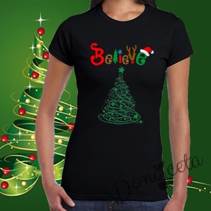 Дамска тениска в черно Believe-Christmas tree 1