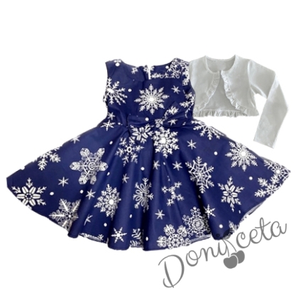 Детска коледна рокля в тъмносиньо със снежинки в бяло и памучно бяло болеро 1