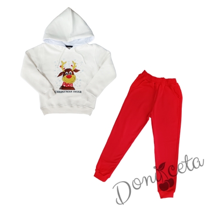 Ватиран коледен детски комплект с панталон в червено и суитшърт с качулка в бяло с коледно еленче и надпис 1