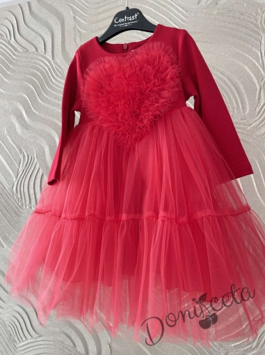  Детска нежна рокля с дълъг ръкав в червено със сърце от тюл Contrast 1