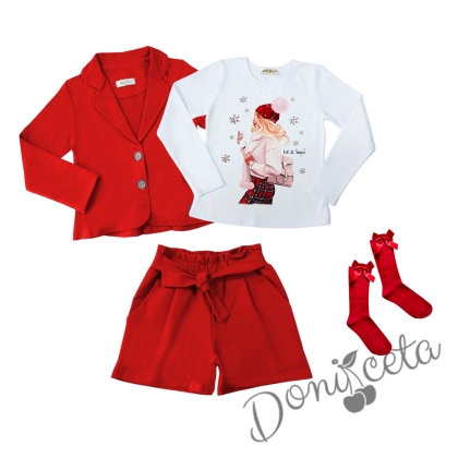 Комплект за момиче от 4 части - къси панталони в червено, сако в червено, блуза с дълъг ръкав и момиче в каре и чорапи в червено 1