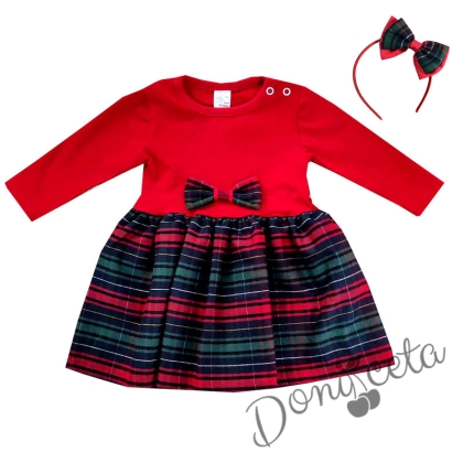 Официална/ежедневна детска рокля с дълъг ръкав в червено и диадема с каре 1