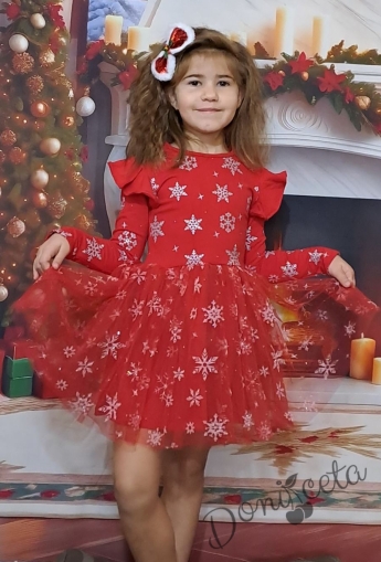 Official children's dress with long sleeves in red with lace and tulle