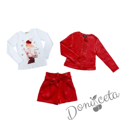 Комплект от 3 части- къси кожени панталони, блуза с момиче и кожено яке с цип в червено 1