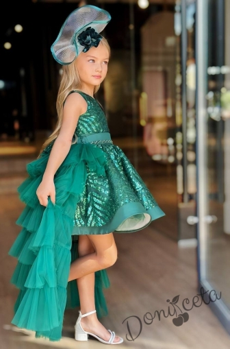Официална детска рокля в зелено с блясък и шлейф на харбали Василиса