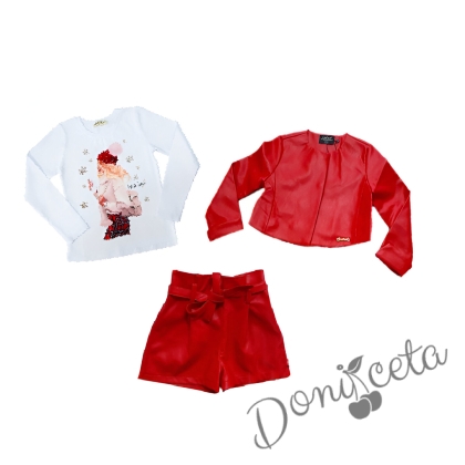 Комплект от 3 части- къси кожени панталони, блуза с момиче и кожено яке с копче в червено 1