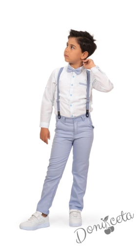 Комплект за момче от риза в бяло с дълъг ръкав и орнаменти, папийонка с тиранти и панталони в светлосиньо