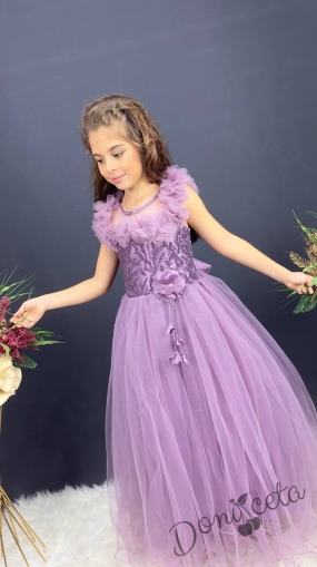 Официална детска дълга рокля в лилаво с тюл без ръкав с дантела Леа 1