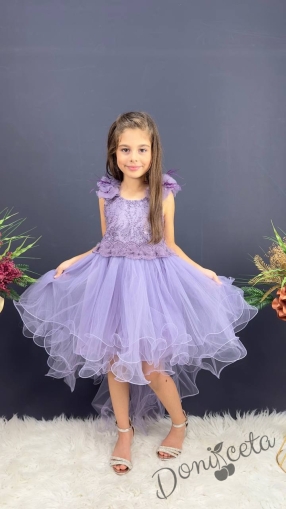 Официална детска дълга рокля в лилаво с тюл без ръкав с дантела Леа с шлейф 1