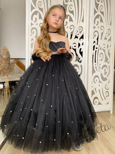 Официална детска дълга рокля в черно с перли 1
