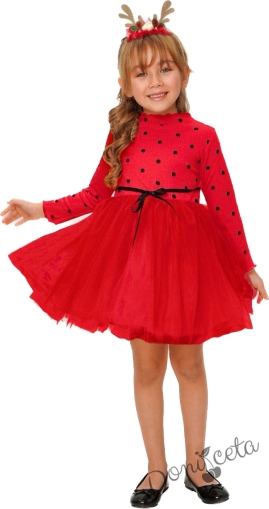 Детска рокля в червено с дълъг ръкав  на точки и тюл пола 1