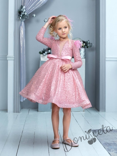 Официална детска рокля с дълъг ръкав в розово Кристалина 1