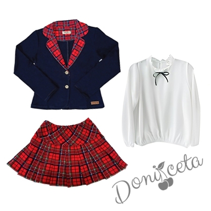 Детски комплект за момиче от пола и сако каре в тъмносиньо и риза в бяло с дълъг ръкав Contrast 1