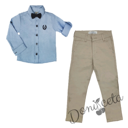 Комплект за момче панталон в бежово и риза в светлосиньо 1