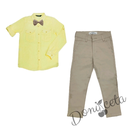 Комплект за момче панталон и папийонка в бежово и риза в жълто 1
