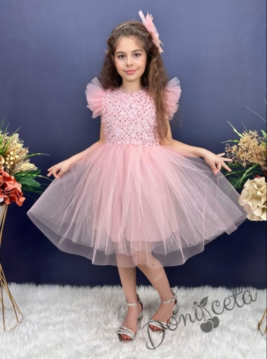 Официална детска рокля с къс ръкав Набел в розово с пайети и панделка за коса 1