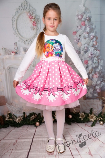 Официална детска рокля с дълъг ръкав в розово и бяло с Пес Патрул 1