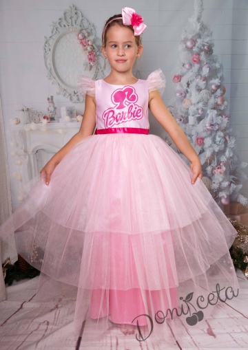 Официална дълга детска рокля с къс ръкав в розово с Барби 1