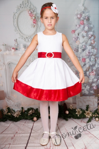 Официална детска рокля с къс ръкав в бяло и червено 1