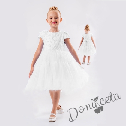Официална детска рокля в бяло с тюл и 3Д цветя 1
